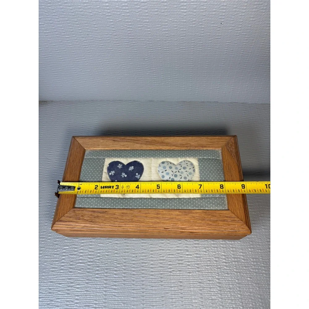 Vintage Oak Trinket Box Quilted Heart Inlay Blue Country Decor